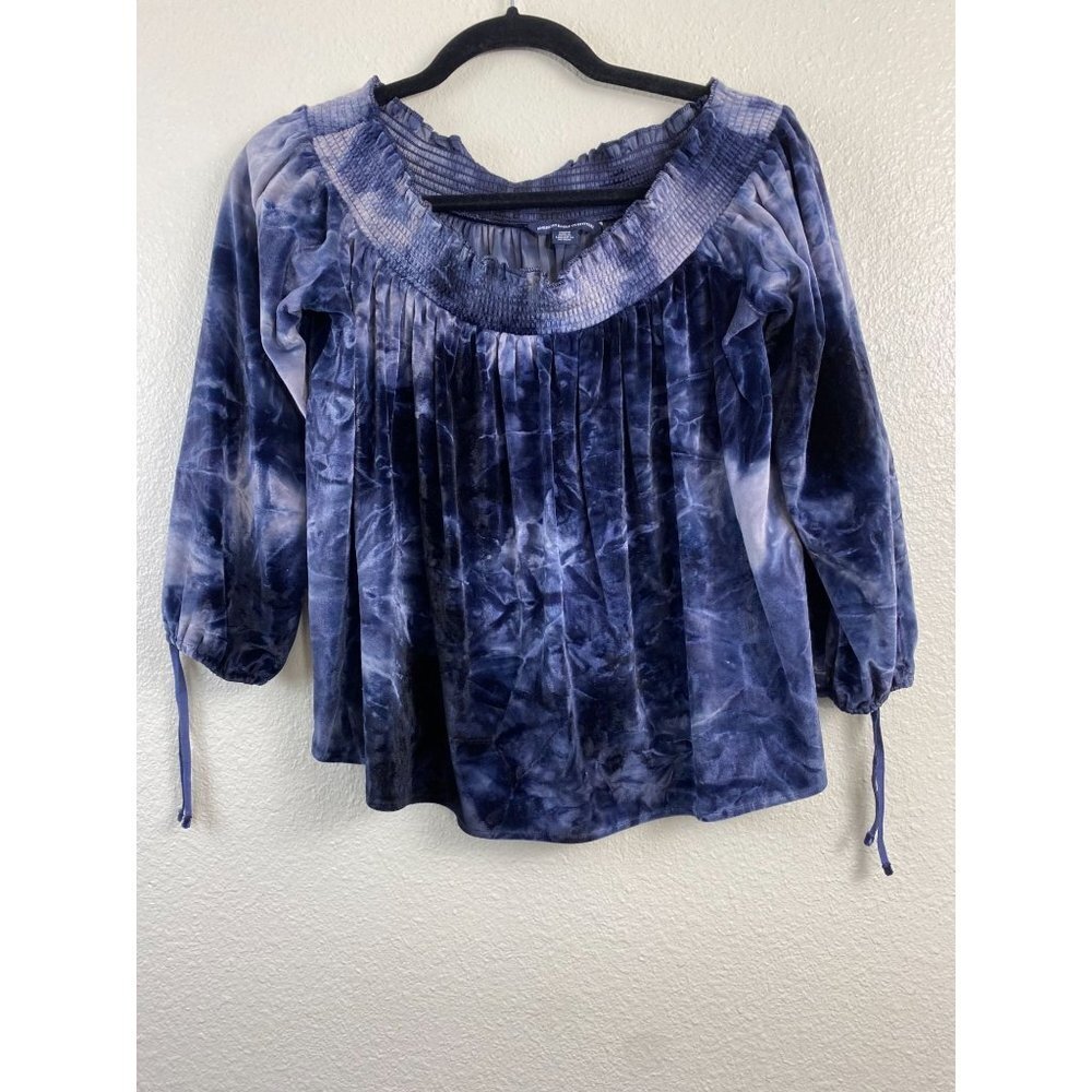 American Eagle velvet off Sholuder Blouse Top Womens Medium Tie Dye Blue Boho